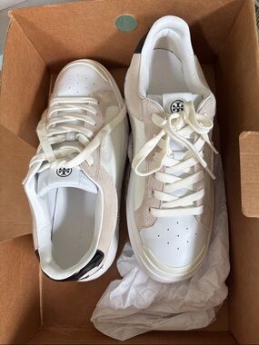 Tory Burch White and Beige Leather Suede Low-Top Sneakers